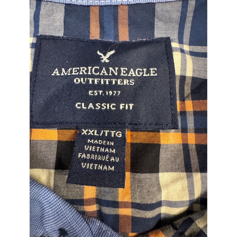 American Eagle Mens XXL Classic Fit Plaid Button Down Shirt Navy Blue Orange - Picture 2 of 6